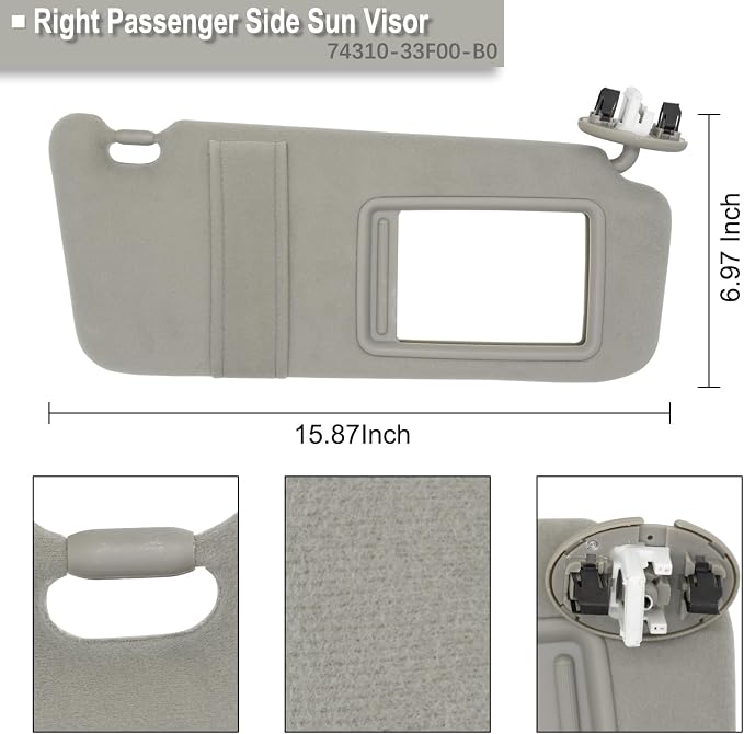 NHILES Right Passenger Side Sun Visor Fits for Toyota Camry 2007 2008 2009 2010 2011 Replacement Sun Shade with Light # 74310-33F30-B0 (Gray)