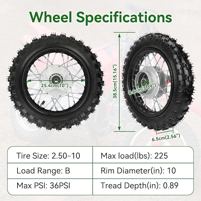 2.50-10 Dirt Bike Rear Wheel Drum Brake Assembly Compatible with CRF50 XR50 TTR50 SSR Taotao Apollo, 2.5-10 2.50x10 Tire & Rim for 50cc 70cc 90cc 110cc Pit Bike Off Road Motorcycle Parts