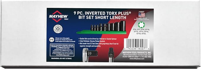 Mayhew Tools 16027 Inverted Torx Plus Socket Bit Set, 9-Piece, Black Oxide Finish, polished chrome