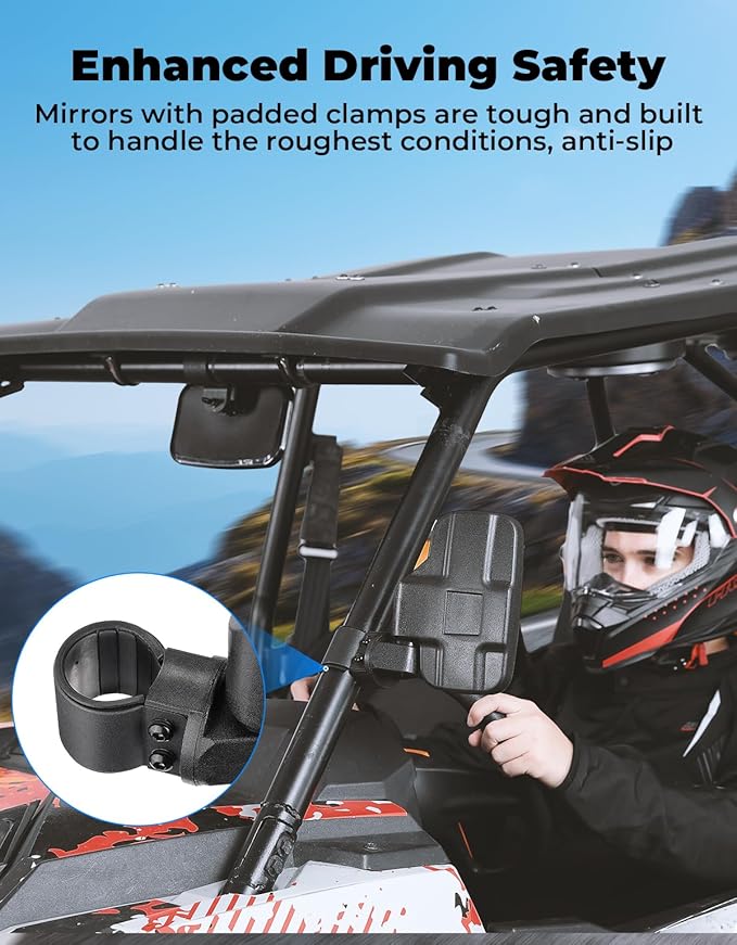 KEMIMOTO UTV Side Mirrors And Center Mirror with 1.6" to 2" Roll Bar Cage, Adjustable Rear View Side Mirrors Compatible with Polaris RZR, Zforce, Commander Maverick X3, Viking, Rhino, Teryx