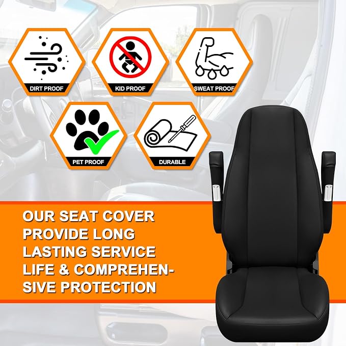 Leather Seat Cover Compatible with Peterbilt Model 579, 579EV, 589, 567, Driver or Passenger 33in High Back Seat Cover, Bottom Back & Armrest Cover, Long Armrests 17in