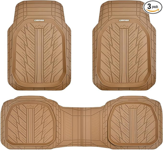 CAR PASS Tire Tread DeepDish Rubber Floor Mats for car Heavy Duty car mats All Weather, Universal XL~M Trim to Fit for Truck SUV Vehicle Automotive, Waterproof car mats 3 piece Solid Beige
