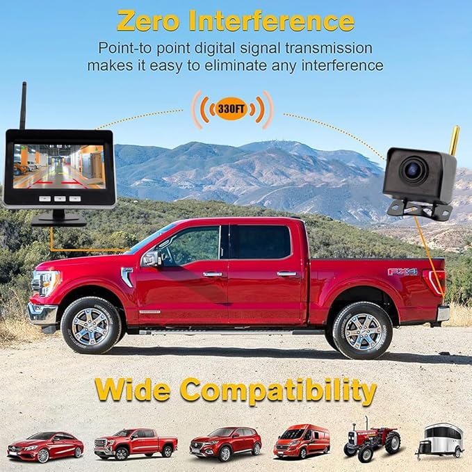 4.3-inch AHD IPS Monitor Mini Vehicle 720P Digital Wireless Backup Camera System IP69K Waterproof Wireless Reversing Camera Dash Camera for Truck Bus RV Trailer Car Truck Semi-Trailer