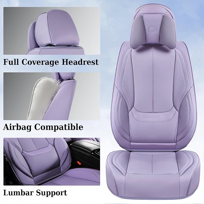 Coverado Universal Seat Covers Full Set, Universal Seat Covers for Cars, 5 Seats Waterproof NAPPA Leather Car Seat Covers with Head Pillow, Auto Protectors Fit for Most Sedans SUV Pick-up Truck-Purple