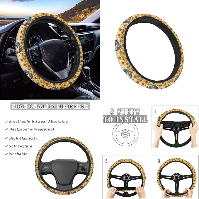 Rooster Chicken Sunflower Butterfly Print Car Interior Accessories Set of 13, 4 PCS Auto Front and Back Seat Covers, 1 Steering Wheel Cover, Seat Belt Pads Set of 4, 4 Pieces Cup Coasters
