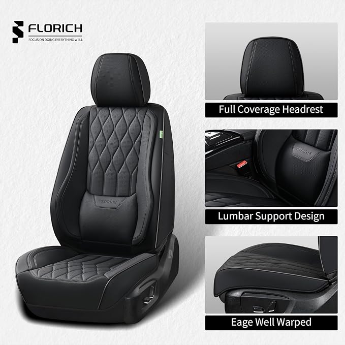 FLORICH Leather Seat Covers Full Set with Lumbar Support Black Car Seat Cover Waterproof Car Seat Cushion 5 Seats Full Coverage Seat Protector Universal Fit for Most Cars Sedans Trucks SUV, Black