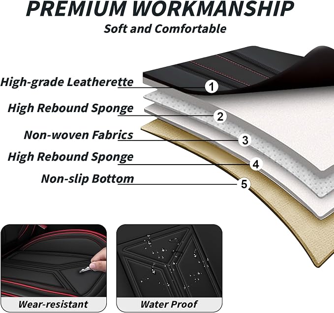 Arazi Fit for 98% of Mazda Seat Covers, 360° Full Wrap Original Seat Cover, Waterproof Nappa Leather Seat Covers with Big Space Storage Pocket Seat Protector（5 Seats Luxury, Black&Red Line）