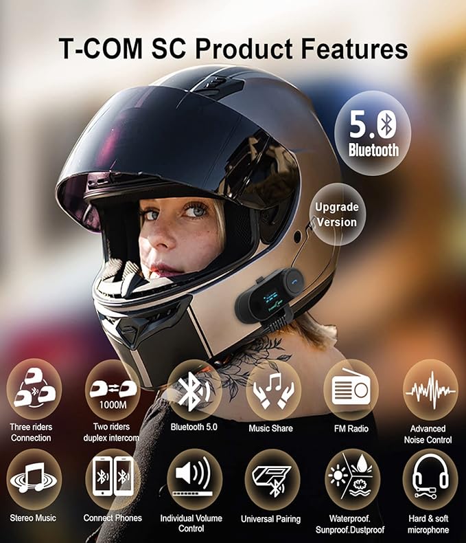 FreedConn Motorcycle Helmet Communication System T-COM SC 2Pack, 2-Way 800M Universal Helmet Bluetooth 5.0 Intercom kit with LCD Screen for Motorbike, Music Sharing/FM Radio/Siri/ IP65/ 2 in1 mic