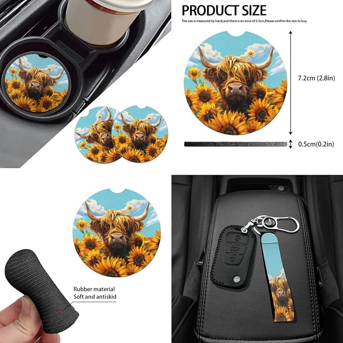 14Pack Highland Cow Sunflower Car Accessories for Women,Highland Cow Car Seat Covers Auto Steering Wheel Cover Seatbelt Pads Handbreak Cover Vehicle Coasters Keychain Mirror Cover