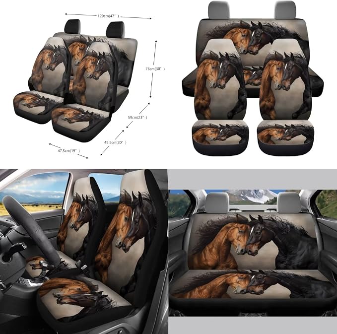 Horse Pattern Print Auto Accessories Set of 10, Car Font and Back Seat Covers Full Set Steering Wheel Cover Cup Coasters Keychain Car Trash Can Air Vent Storage Pounch for Women Men