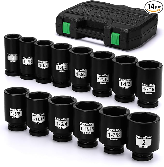 TecoTek 3/4" Drive Deep 6-Point Impact Socket Set, 14-Piece Heavy Duty Impact Socket Set, Cr-Mo, SAE (1" to 2"), for Large Vehicle and Apparatus Maintenance