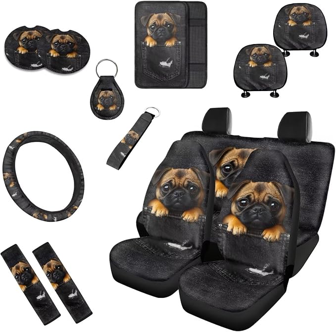 Cute Pug Dog Pattern Car Seat Cover Full Set 13 Pcs Cartoon Puppy Print Front/Rear Split Bench Protection Universal Fit for Auto Truck Van SUV