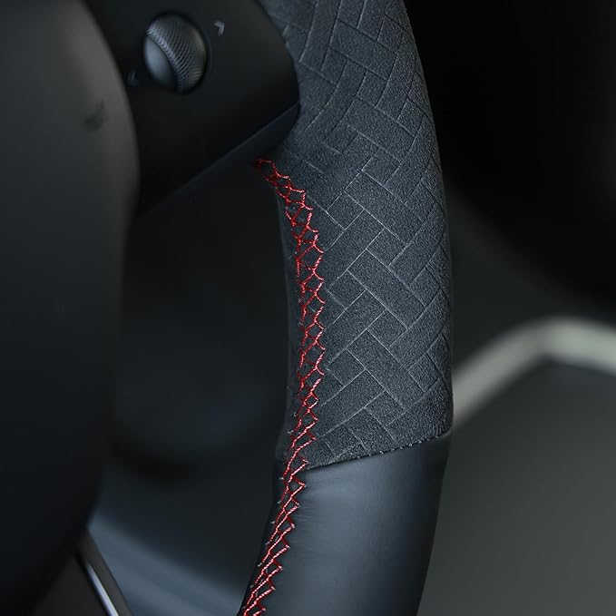 MEWANT Hand Stitch Steering Wheel Cover for Tesla Model Y 2023 Model 3 2023 Made of Black Faux Leather Embossed Athsuede