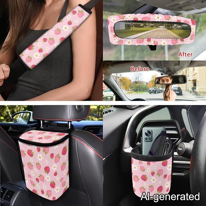 Dreaweet Pink Car Seat Covers Full Set for Women Cute Strawberry Car Accessories Steering Wheel Cover Seatbelt Covers Car Coasters Trash Can Vent Storage Holder Rear View Mirror Cover Keychain 15 Pcs
