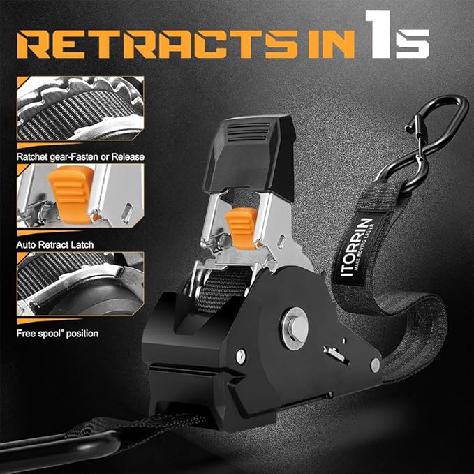 Retractable Ratchet Straps(4 PK)- 1 Inch x 10 Feet (1,650lb Break Strength)-Self Retracting Tie Down Straps for Motorcycle, ATV, Truck, Cargo, Appliance & More -Black + 4 PK Soft Loops