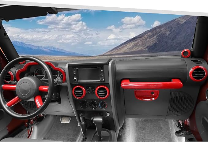 Jimen Fit for Jeep Wrangler JK JKU 2007-2010, 14PCS Interior Kits - Instrument Panel Dashboard Cover, AC Vent Ring, Passenger Grab Handle Trim, A Pillar Speaker Cover (Red)