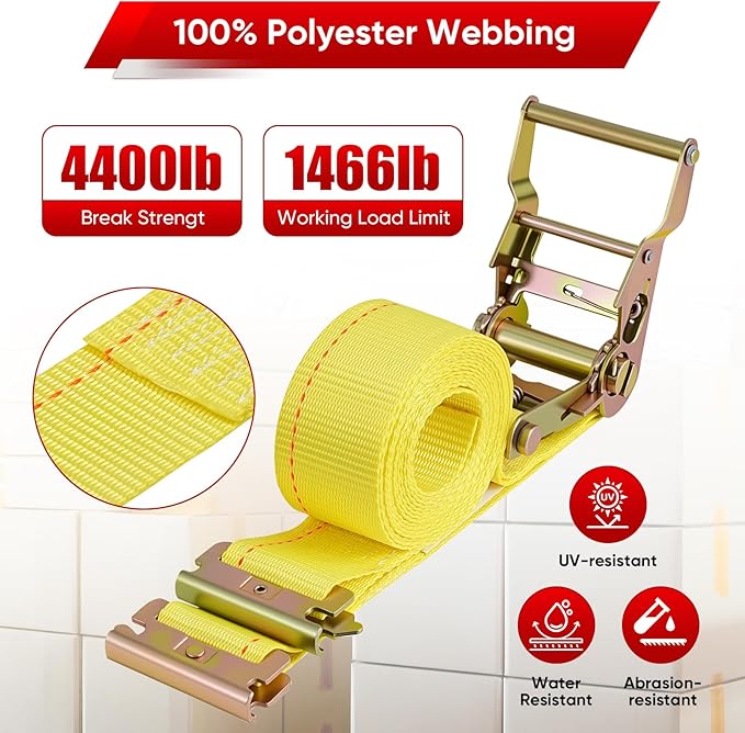 E-Track Ratchet Straps -8 Pack, 4,400 LB Breaking Strength, 2" x 12' Feet Heavy Duty ETrack Straps with 4 Feet Fixed End and Spring E-Fittings Yellow E Track Accessories Cargo Straps
