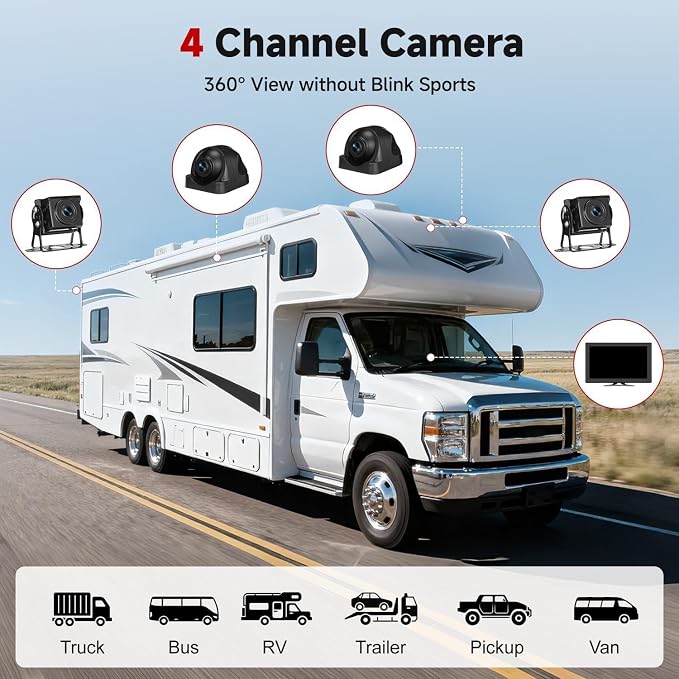10.1 Inch 4K Touch Screen Wired RV Backup Camera System | 1080P IP69 Waterproof Camera, 4CH DVR Loop Recording & Bluetooth. For Semi Truck, Trailer, Camper, Pickup, Bus, RV