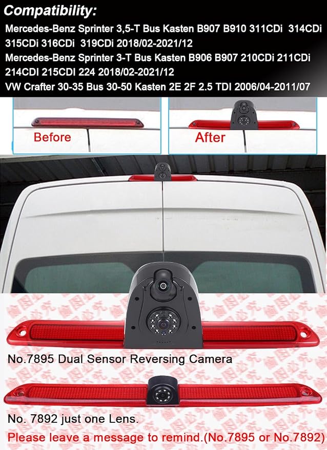 【New Super Dual Lens】 Car Rear View Camera Brake Light Reversing System in 3rd Brake Light Camera, Replacement for Van Mercedes Benz Sprinter W906/ VW Crafter Caravelle 2007-2015 (with 7 inch Mirror)