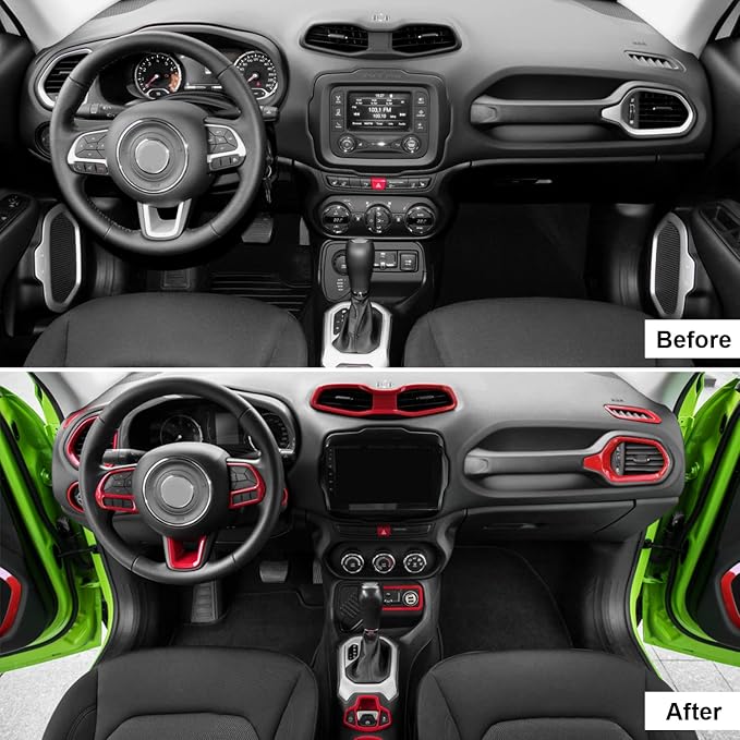 CheroCar 31 PCS Full Set Interior Decoration Trim Kit Steering Button Cover Door Handle Cover Air Outlet Cover Cup Holder Gear Cover Trim Door Speaker Cover for Jeep Renegade 2016-2018,Red