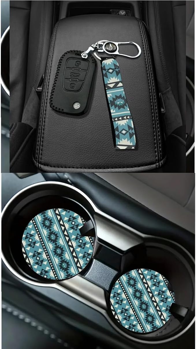 XYZCANDO Tribal Style Automobile Seat Cover Sets 15 PCS Car Seat Cover Set Steering Wheel Cover Seat Belt Pads Cover Garbage Bag Storage Box Rear View Mirror Cover Coasters Keychain Fit Most Cars