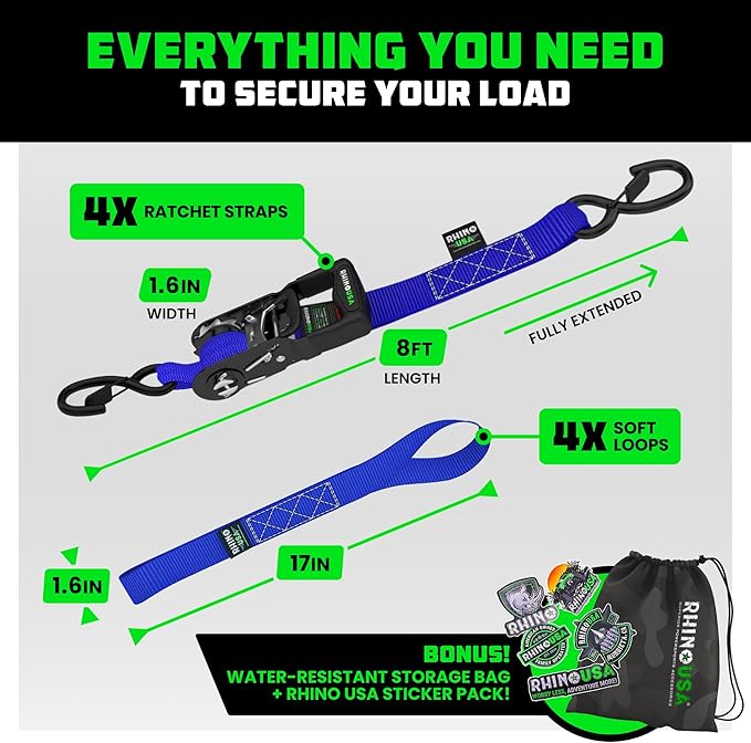 Rhino USA Ratchet Straps Heavy Duty Kit (4-Pack) - 1.6 Inch x 8 Feet Min Break Strength (5,000) - Ultimate Tie Down Straps with Safety S Hooks for Trucks, ATV, UTV, Motorcycle, Cargo & More - Blue