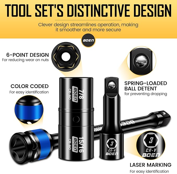 boen 9PCS 1/2" Drive Impact Torque Limiting Extension Bar And Flip Lug Nut Socket Set, 90 to 120 Ft-Lbs (120-160Nm), 8" Length Torque Sticks, Metric & SAE Double-Sided Sockets, Cr-Mo Impact Grade
