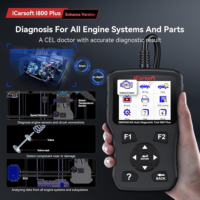 iCarsoft i800 Plus OBD2 Scanner Diagnostic Tool with Component Test/118 Live Data/Reset CEL/Battery Test/Freeze Frame/VIN, Code Reader for All Cars Full OBD2 Functions, Fuel System Scan Tool para Auto