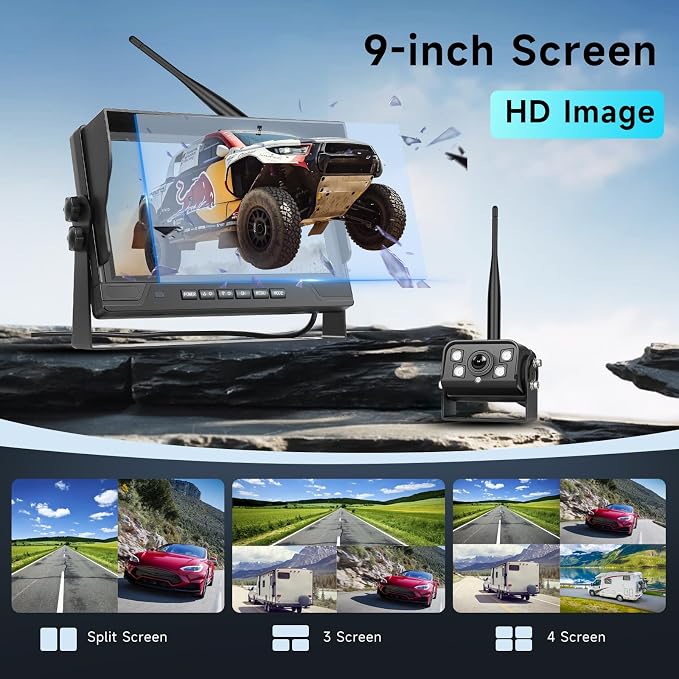 9-Inch Wireless Backup Camera for Truck- 4 Channel Split Screen Monitor with IR Night Vision, Blind Spot Warning, IP 68 Waterproof, Loop Recording, 2 Backup Camera for Trailer, RV, Pickup, Cars