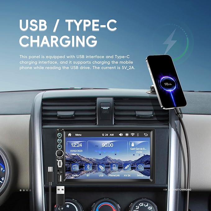 7 Inch Double Din Car Stereo with Wireless Carplay Android Auto Car Audio Receivers, Car Radio with Mirror Link, Bluetooth, SWC, FM, EQ, USB/Type C Charge 7 Color Light