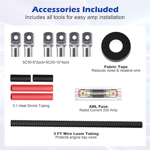 1/0 Gauge Complete Amp Wiring Kit, Premium Car Amplifier DIY Installation Kit, 3000W High Power CCA Cable with Fuse Holder& Full Accessories for Car Truck/RV/ATV Audio Systems Radio Subwoofer Speaker