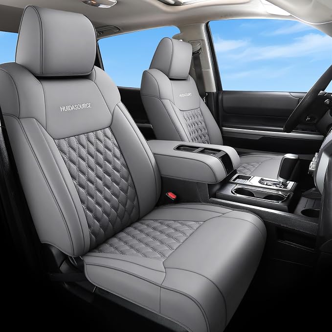 Huidasource for Toyota Tundra Seat Covers, Trucks Front & Rear Leather, Waterproof Truck Tundra Seat Covers 2014-2021 CrewMax Pickup Truck (Full Set/Gray)