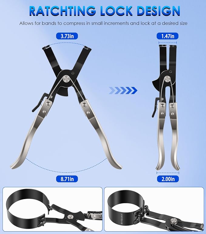 940387 Piston Ring Compressor Tool Set for Car Diesel Engines with Vehicle Maintenance Clamps, Ratchet Pliers and Storage Case, Piston Ring Band Sizes 2-7/8" to 4-3/8"