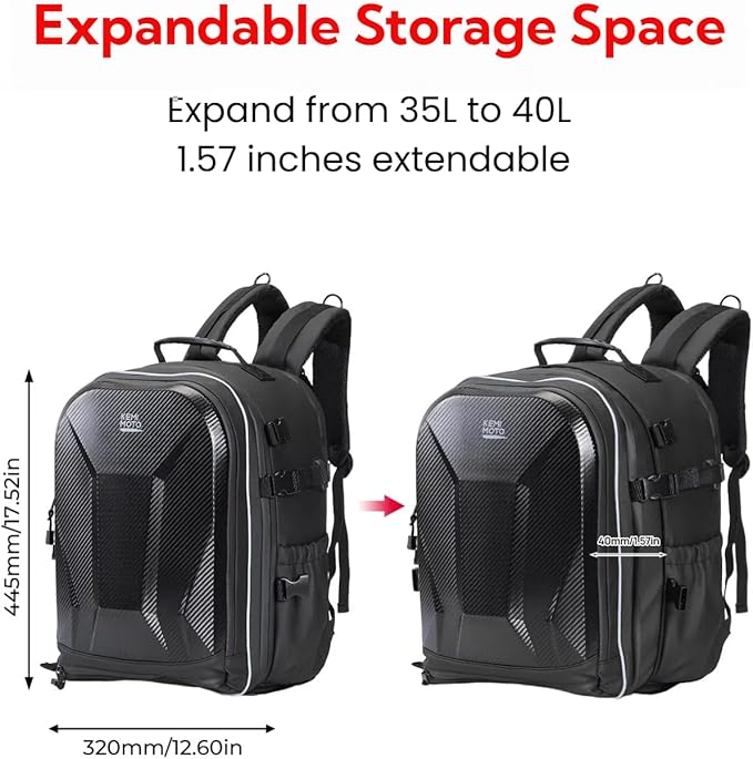 KEMIMOTO Motorcycle Helmet Backpack Bag, 40L Large Capacity Helmet Backpack Hard Shell with Expandable Storage and Rain Cover, USB Charging Port, Waterproof