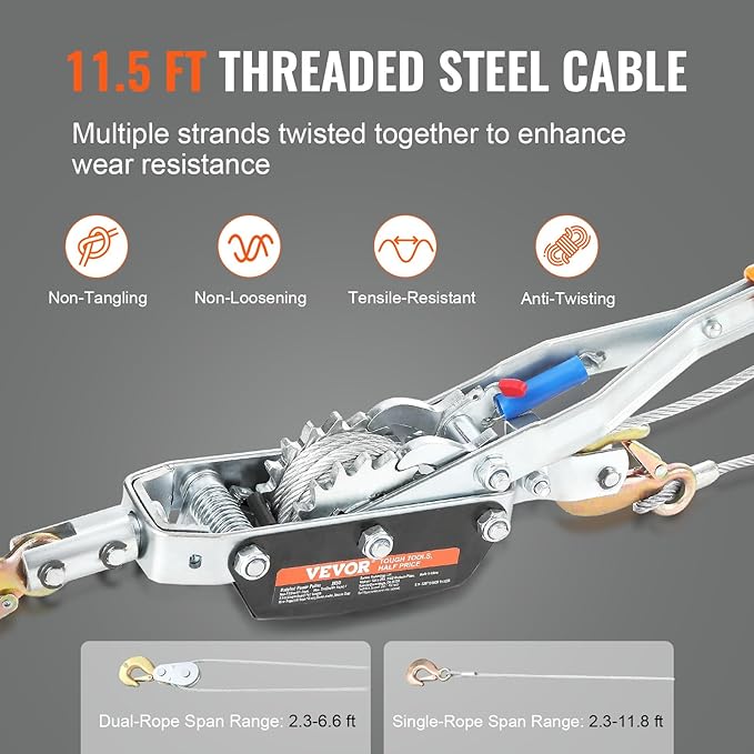 VEVOR Come Along Winch, 5 Ton (11,023 lbs) Pulling Capacity, 11.5 ft Steel Cable, 3 Hooks, Heavy Duty Ratchet Power Puller Tool with Dual Gears, Automotive Hoist Cable Puller Ideal for Vehicle Rescue