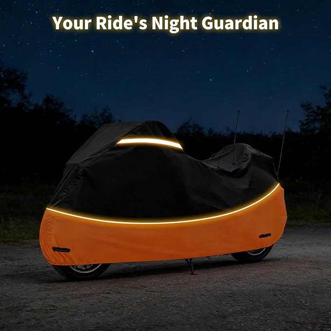 Heavy Duty Waterproof Motorcycle Cover with Side & Top Box Reflective Strips for Harley Ultra Limited Ultra Classic Road Glide Electra Glide, 110" L x 43" W x 55" H,Black & Orange