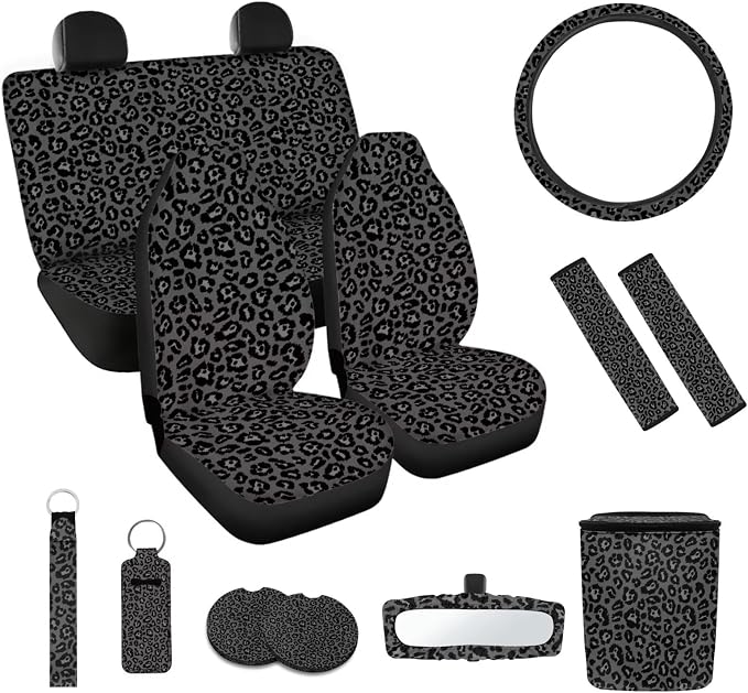 Gray Leopard 12 Pack Car Seat Covers Set - Universal Fit for Car, Van, SUV - Polyester, Neoprene - Automotive Seat Cover Set