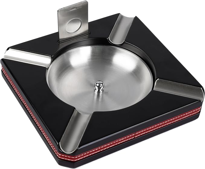 Leather Motif Trim 4 Cigar Ashtray with On-Board Guillotine Cutter - Color: Black & Burgundy Red