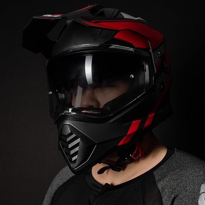ILM Dual Sport Adventure Motorcycle Helmet with Pinlock Compatible Sun Visor Snowmobile ATV Dirt Bike Off Road Casco Model WS902 RedBlack Large