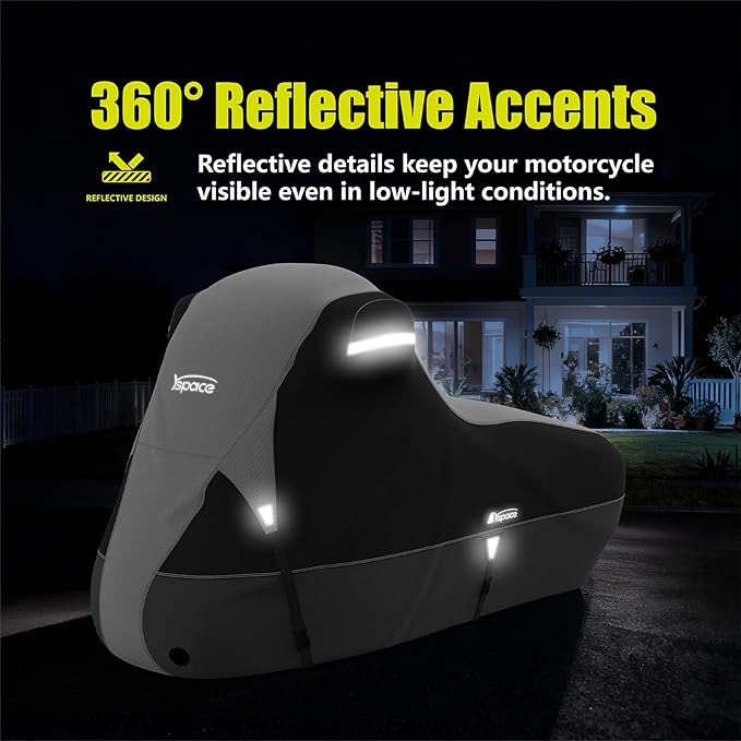 YSPACE 600D Heavy Duty Motorcycle Cover, All Season Waterproof, Sun Windproof Protection, Universal Fit for 96" XXL Vehicle Cover, Night Reflective Strips, Black/Gray