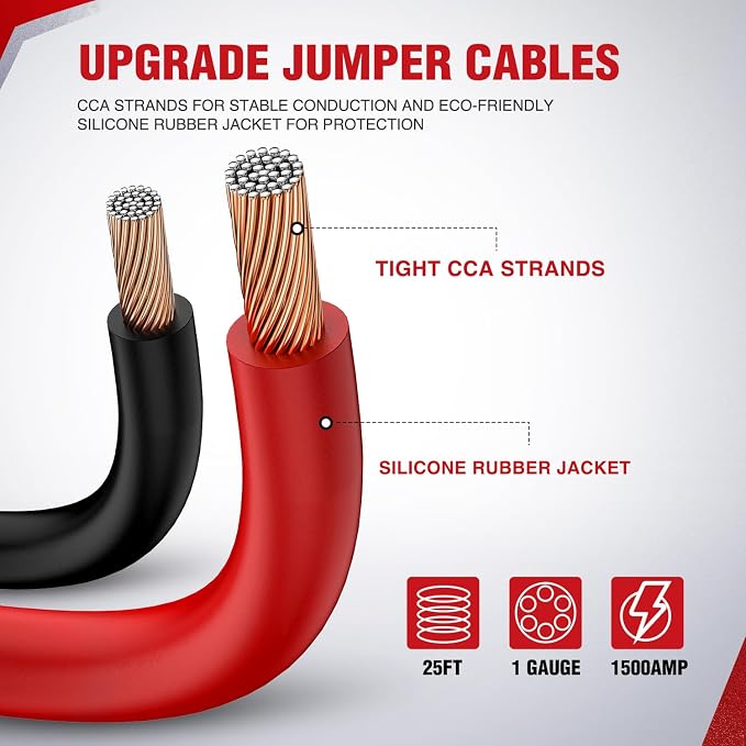 Nilight 1 Gauge 25 Feet Heavy Duty Jumper Cables 900 Amp Booster Battery Cables with Permanent Installation kit and Quick Connect Plug Includes Carrying Bag for 12V & 24V Cars SUVs and Trucks
