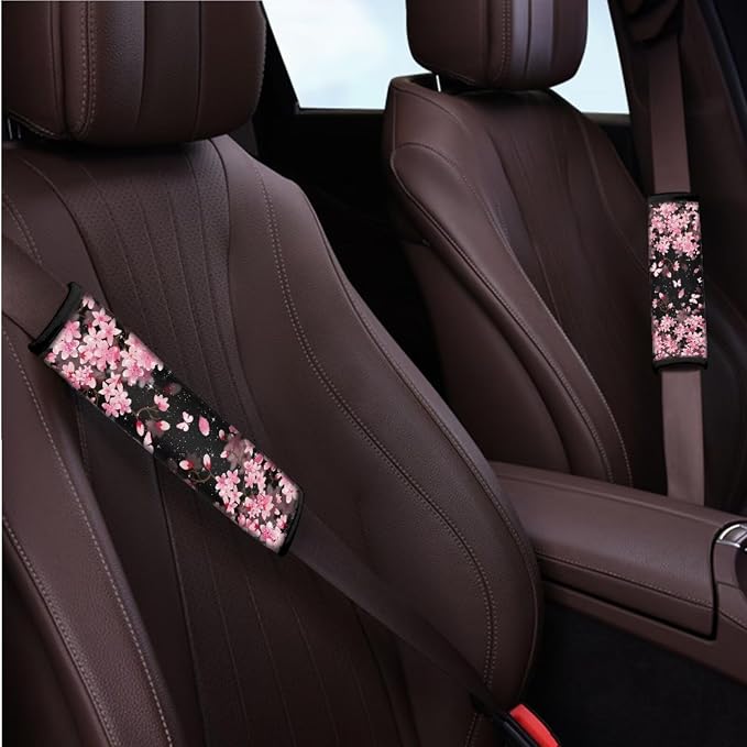 BIGCARJOB Cherry Blossom Car Seat Cover Set for Women Auto Interior Accessories Pink Flower Print Car Seat Protective Universal Steering Wheel Covers Armrest Pads,Universal Fit