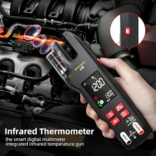Open Jaw Clamp Meter 600A DC AC Current Smart Digital Electrical Multimeter Tester, Infrared Thermometer with Rechargeable Battery, Measures VFC Capacitance Diode Amp Continuity Voltage Ohm
