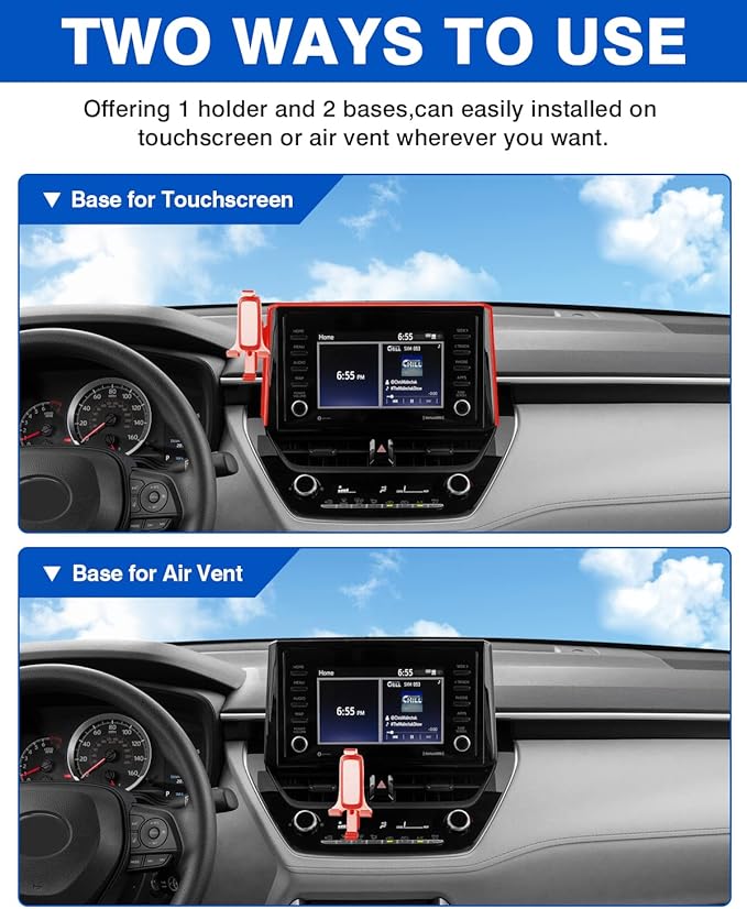 Autorder Car Phone Holder for Toyota Corolla 2019-2025/Corolla Cross 2022-2025 Accessories Air Vent Screen Fixed Clip 360° Rotation Cell Phone Mount Hands-Free with 2 Installation Methods(8 Inch)