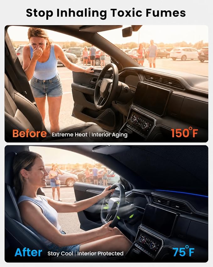 REEVAA 2026 3rd Pro Windshield Sunshade for 2019-2026 GMC Sierra | Dual-Layer Heat & Sun Defense, OEM Design | Foldable Sun Shade Car Accessories with Storage Bag