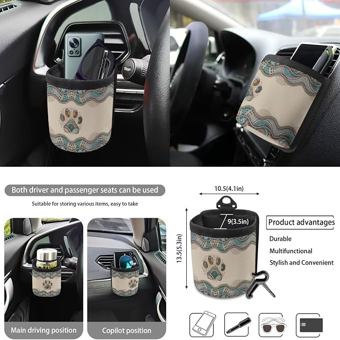 Boho Paw Print Auto Seat Covers Full Set, 10 Pcs Universal Fit Interior Accessories Decor Steering Wheel Cover Car Trash Bin Keychain Coasters Air Vent Storage Box for Women Men
