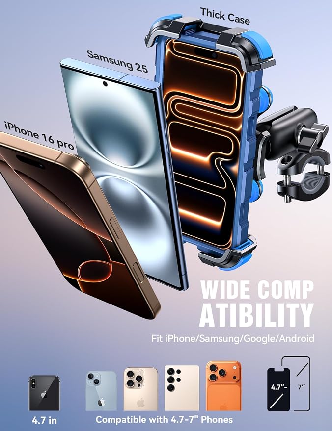 JOYROOM Motorcycle Phone Mount Holder - [Dual Vibration Dampener] 100mph Anti-Shock Phone Holder for Motorcycle [Metal Adjustment Arm] Bicycle Bike Phone Holder Mount for 4.7-7" Cell Phones, Blue