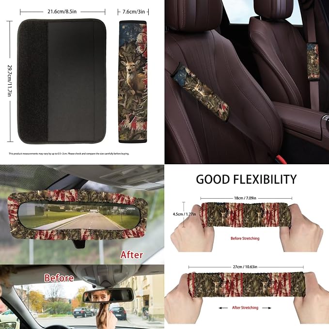 Suobstales Deer Camo American Flag Print 13 Pieces Car Accessories Set Car Seat Covers Steering Wheel Cover Cup Holder Trash Can Seat Belt Pads Keychains Rearview Mirror Cover for SUV Truck