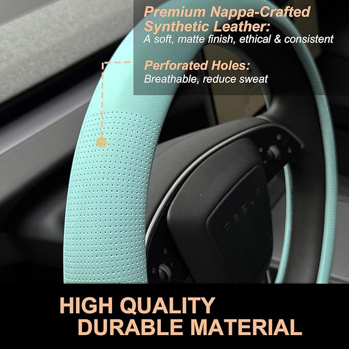 PINCTROT Nappa Leather Steering Wheel Cover for Tesla Model Y/3 Highland/Juniper, D Shaped 14 Inch Small Sized with Breathable Perforation, Fit Like Gloves, Flat Bottom 14 Inch(Nappa Mint)