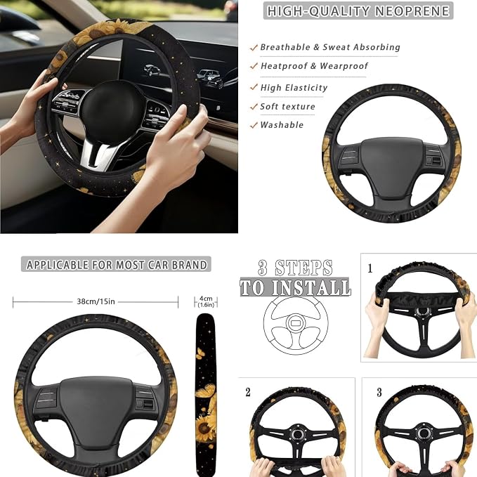 Gold Moon Sunflower Butterfly Car Seat Covers Full Set 15 Pcs Universal Car Accessories Steering Wheel Cover Seat Belt Pads Garbage Bag Car Headrest Pillow Covers Armrest Pad